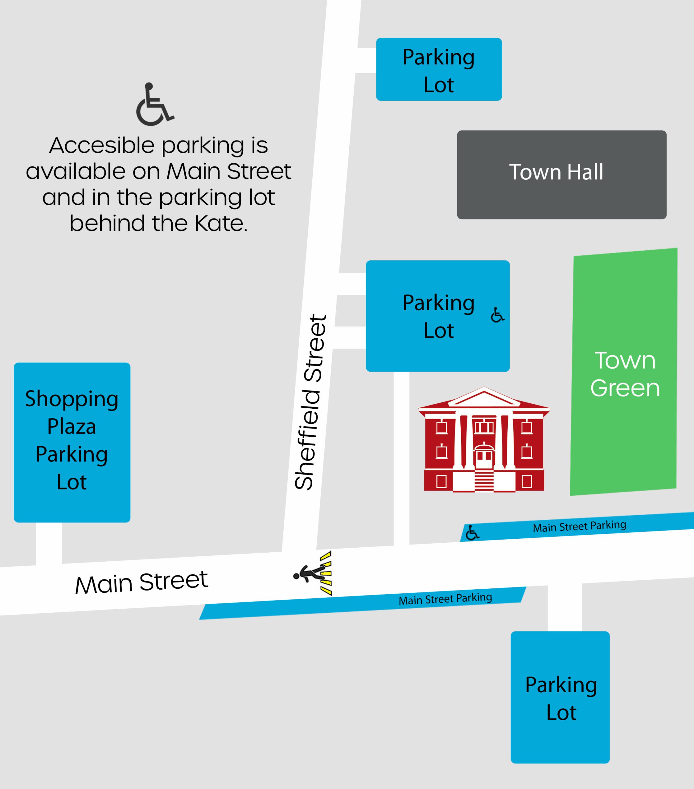 The Kate parking map - accessible parking is available on Main Street and in the parking lot behind the Kate